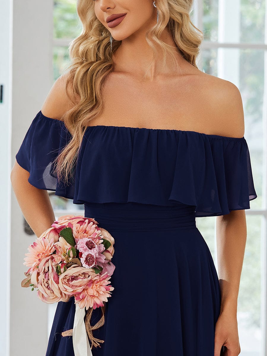 Lace Chiffon Long Bridesmaid Dress with Open Back  #Color_Navy Blue