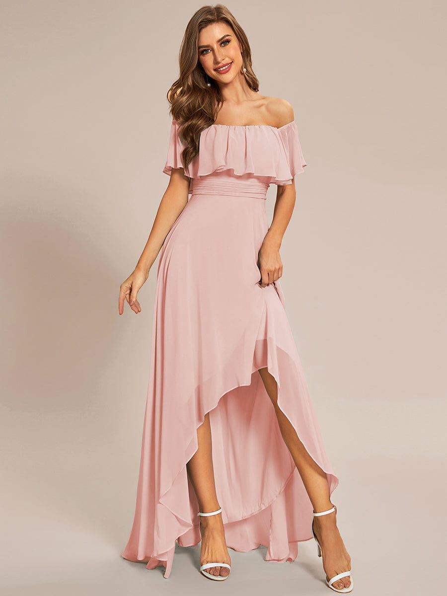 Lace Chiffon Long Bridesmaid Dress with Open Back  #Color_Pink