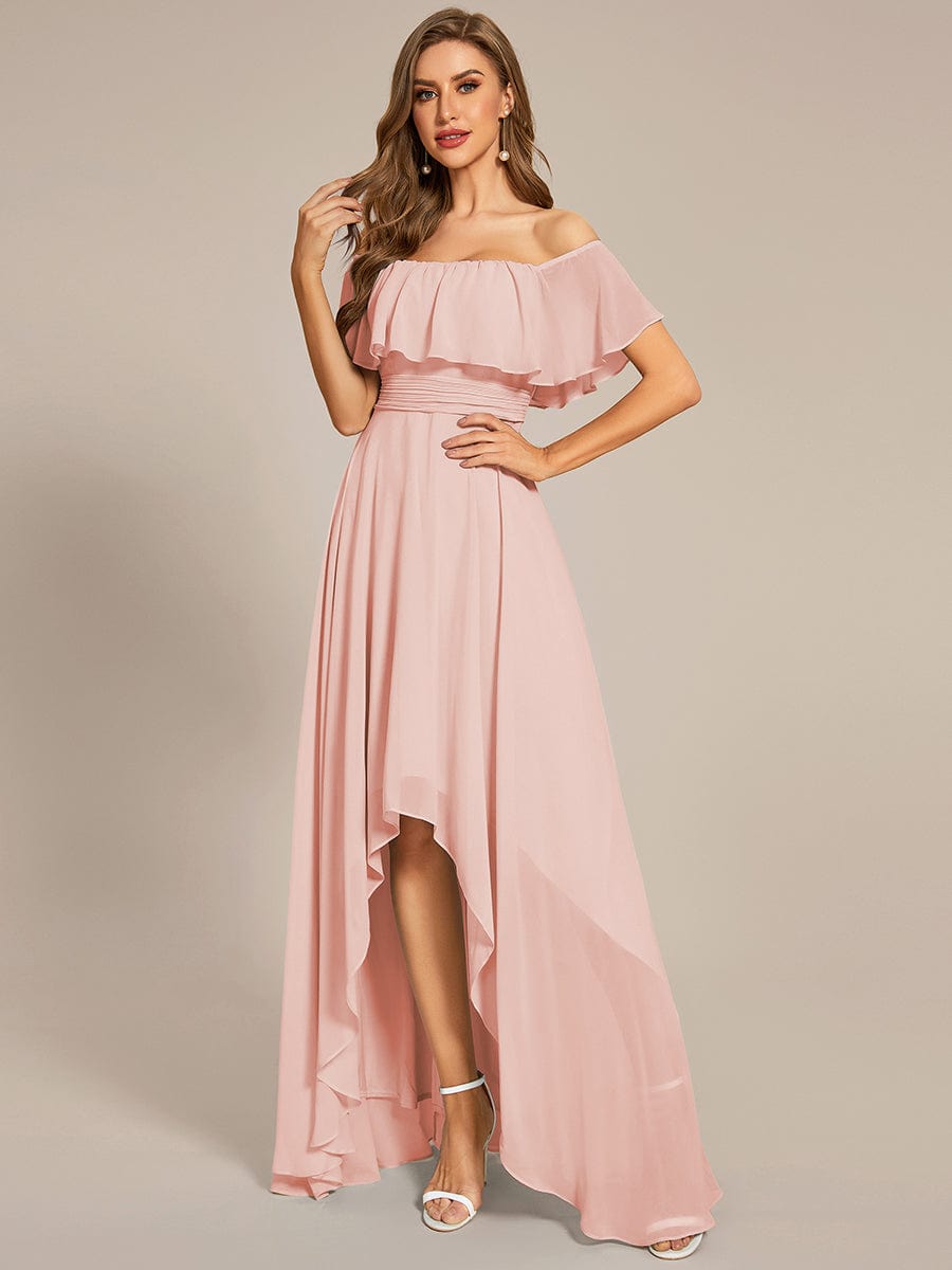 Lace Chiffon Long Bridesmaid Dress with Open Back  #Color_Pink