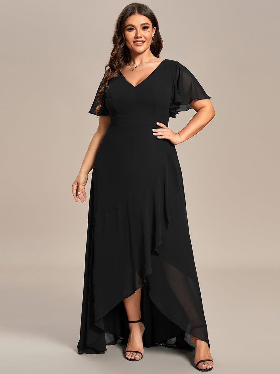 Plus Size Elegant Lotus Sleeves Chiffon Bridesmaid Dress #color_Black