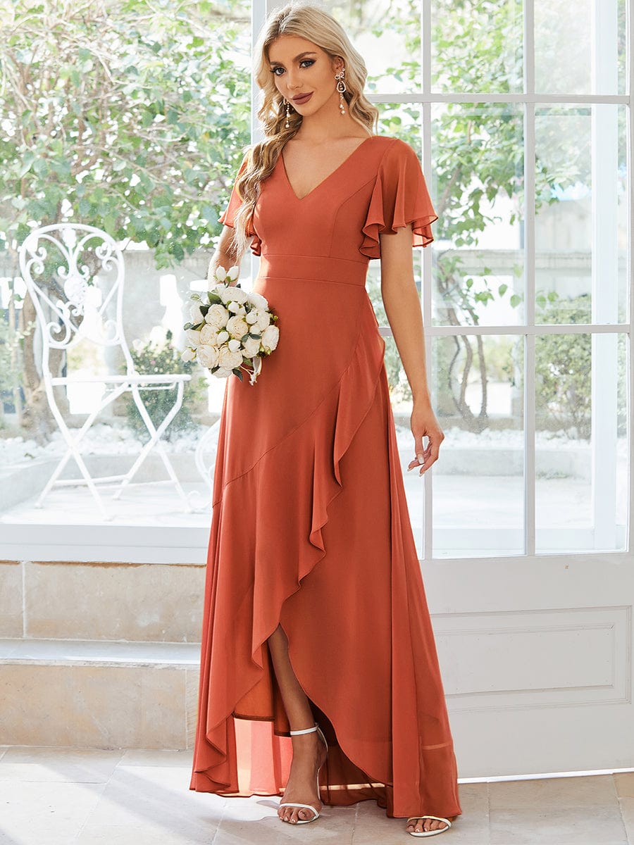 Charming Chiffon Bridesmaid Dress with Lotus Leaf Hemline #color_Burnt Orange