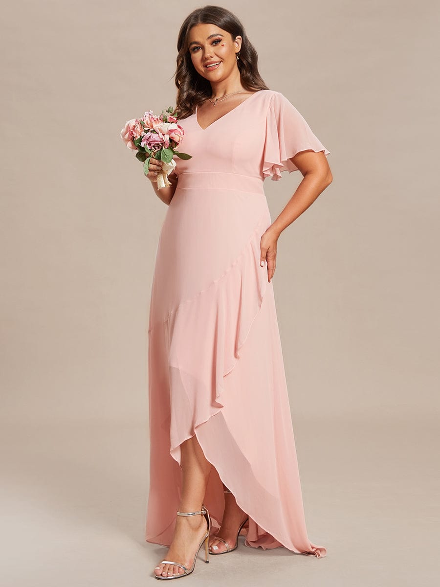 Plus Size Elegant Lotus Sleeves Chiffon Bridesmaid Dress #color_Pink