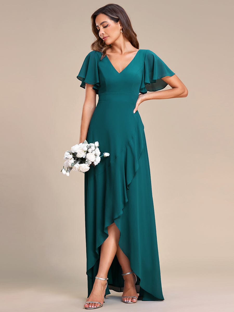 Charming Chiffon Bridesmaid Dress with Lotus Leaf Hemline #color_Teal