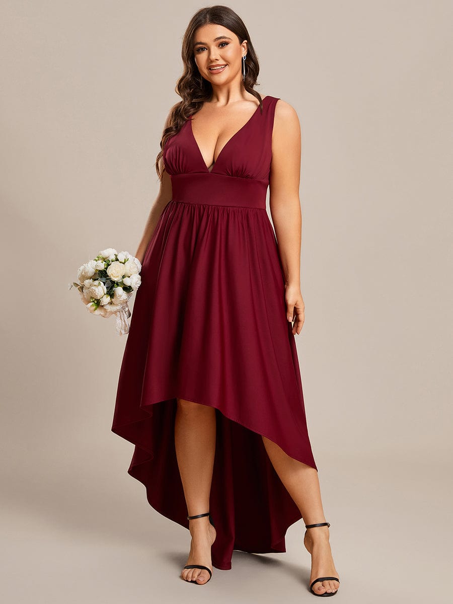 V-Neck Sleeveless High-Low Evening Dress with Stretchy #color_Burgundy