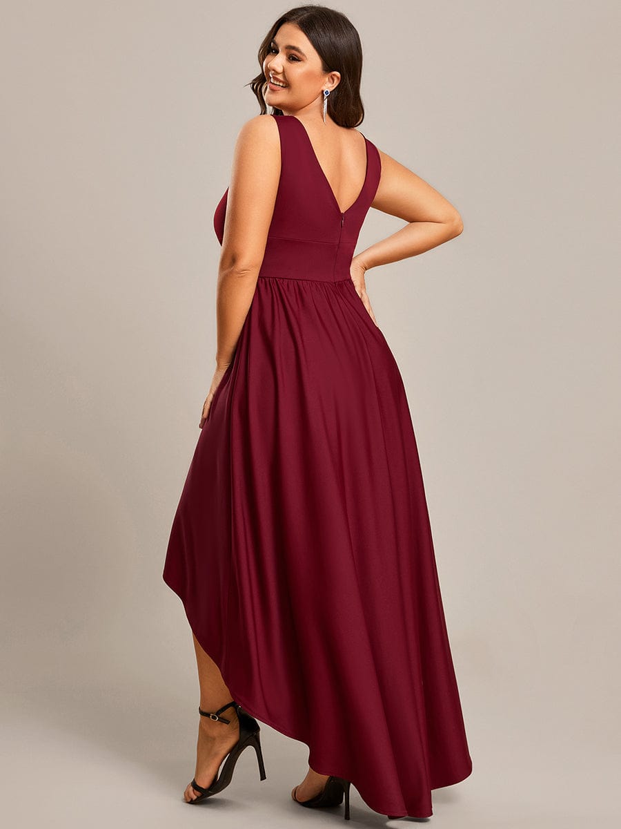 V-Neck Sleeveless High-Low Evening Dress with Stretchy #color_Burgundy