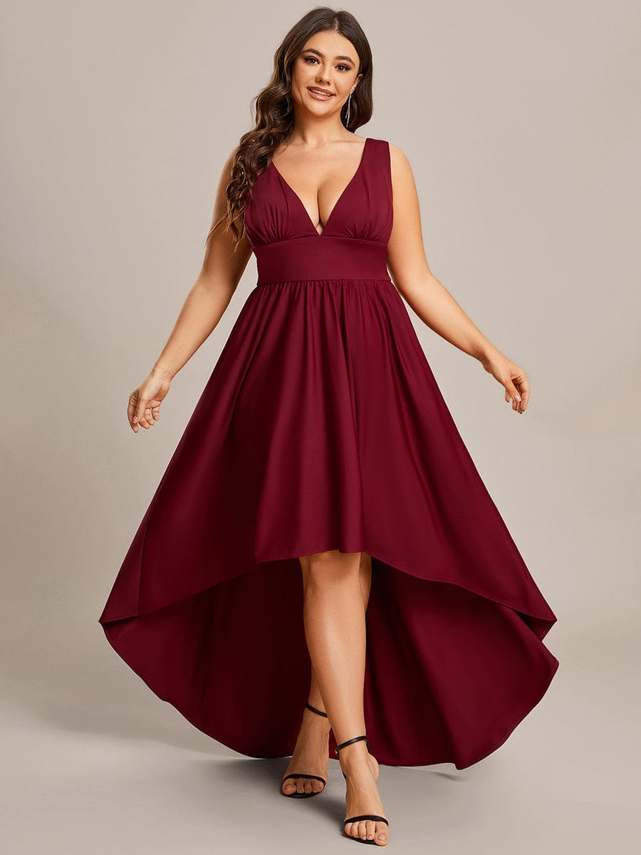 V-Neck Sleeveless High-Low Evening Dress with Stretchy #color_Burgundy