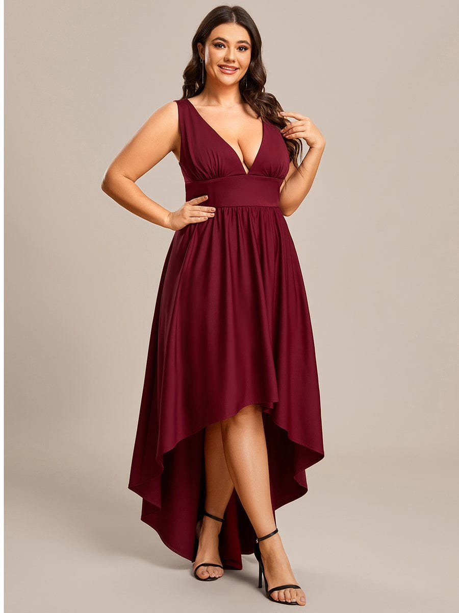 V-Neck Sleeveless High-Low Evening Dress with Stretchy #color_Burgundy