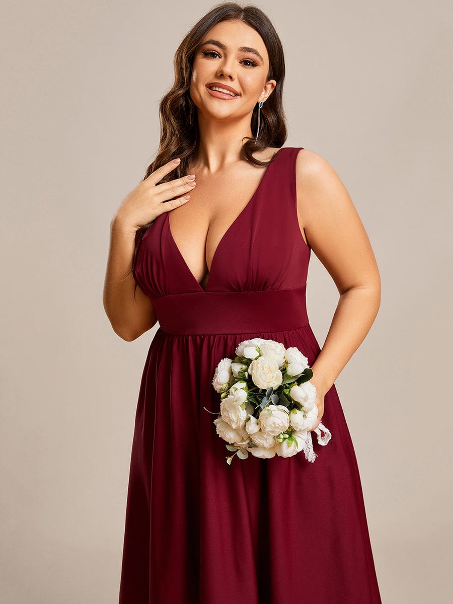 V-Neck Sleeveless High-Low Evening Dress with Stretchy #color_Burgundy