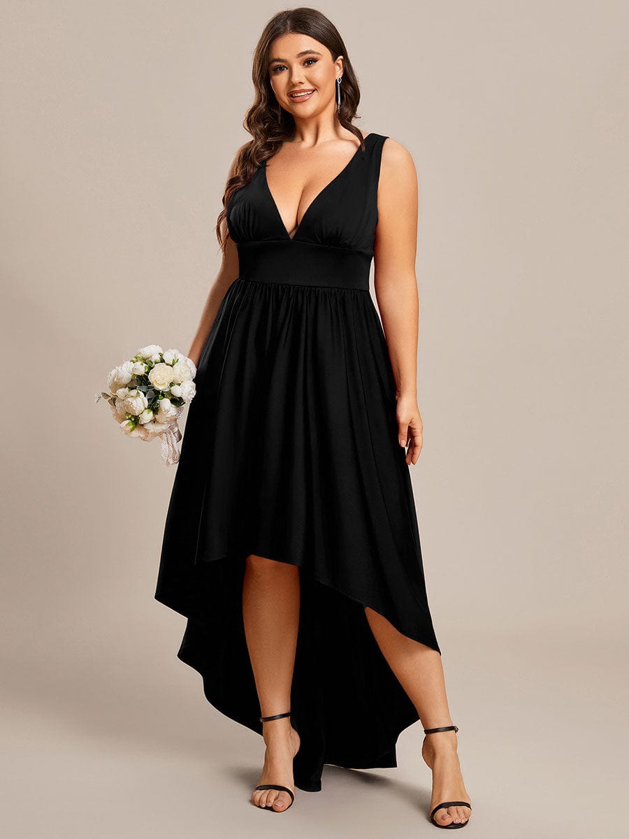 V-Neck Sleeveless High-Low Evening Dress with Stretchy #color_Black