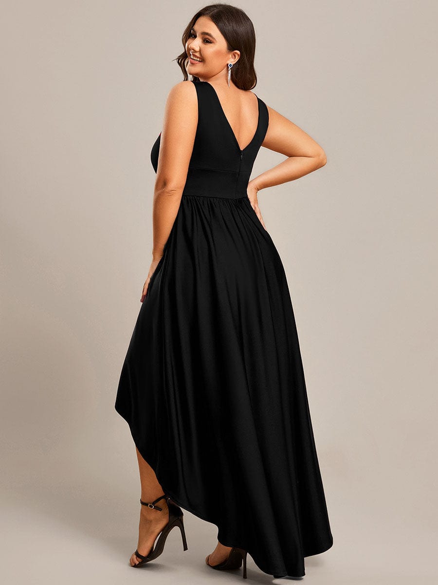 V-Neck Sleeveless High-Low Evening Dress with Stretchy #color_Black