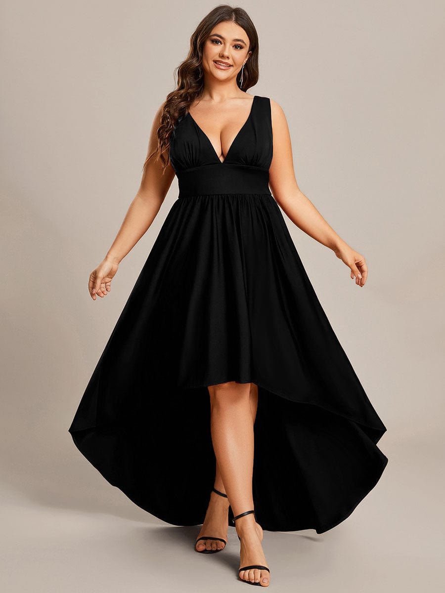 Plus Size Elegant High-Low Sleeveless Empire Waist Evening Dress #color_Black