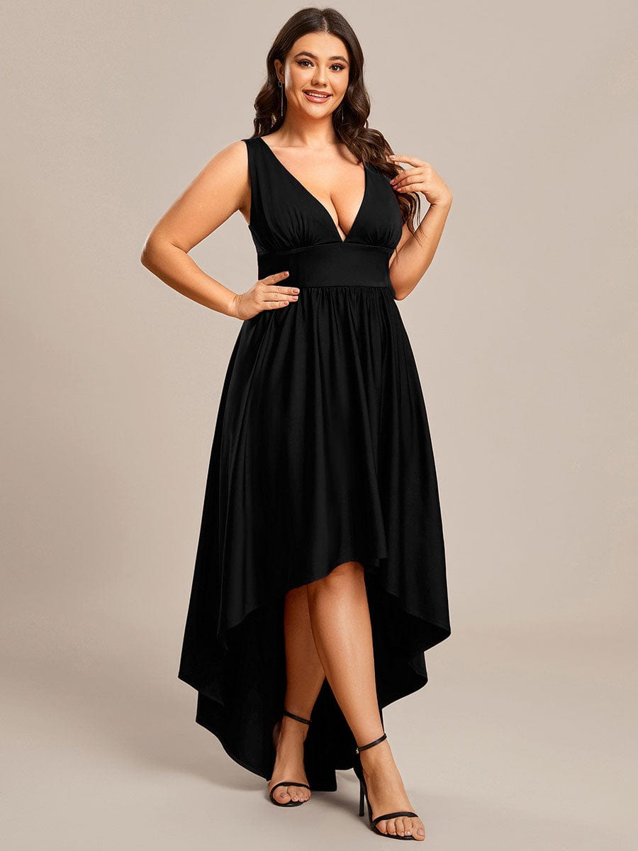 Plus Size Elegant High-Low Sleeveless Empire Waist Evening Dress #color_Black