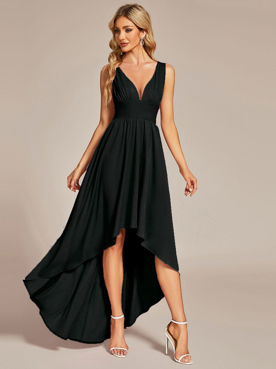 V-Neck Sleeveless High-Low Evening Dress with Stretchy #color_Black