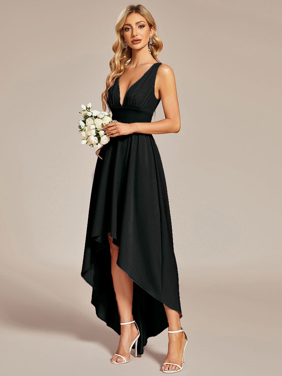 V-Neck Sleeveless High-Low Evening Dress with Stretchy #color_Black