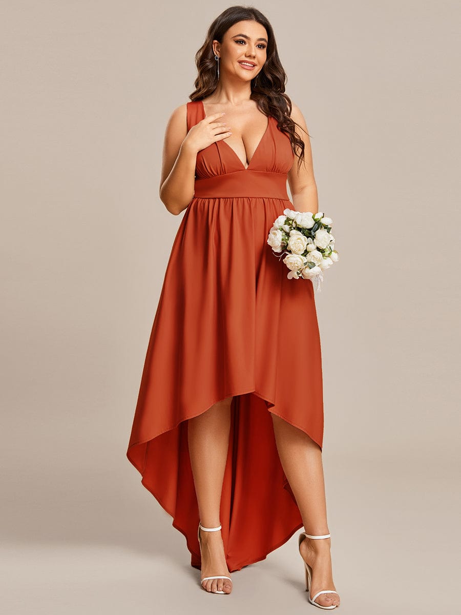Plus Size Elegant High-Low Sleeveless Empire Waist Evening Dress #color_Burnt Orange