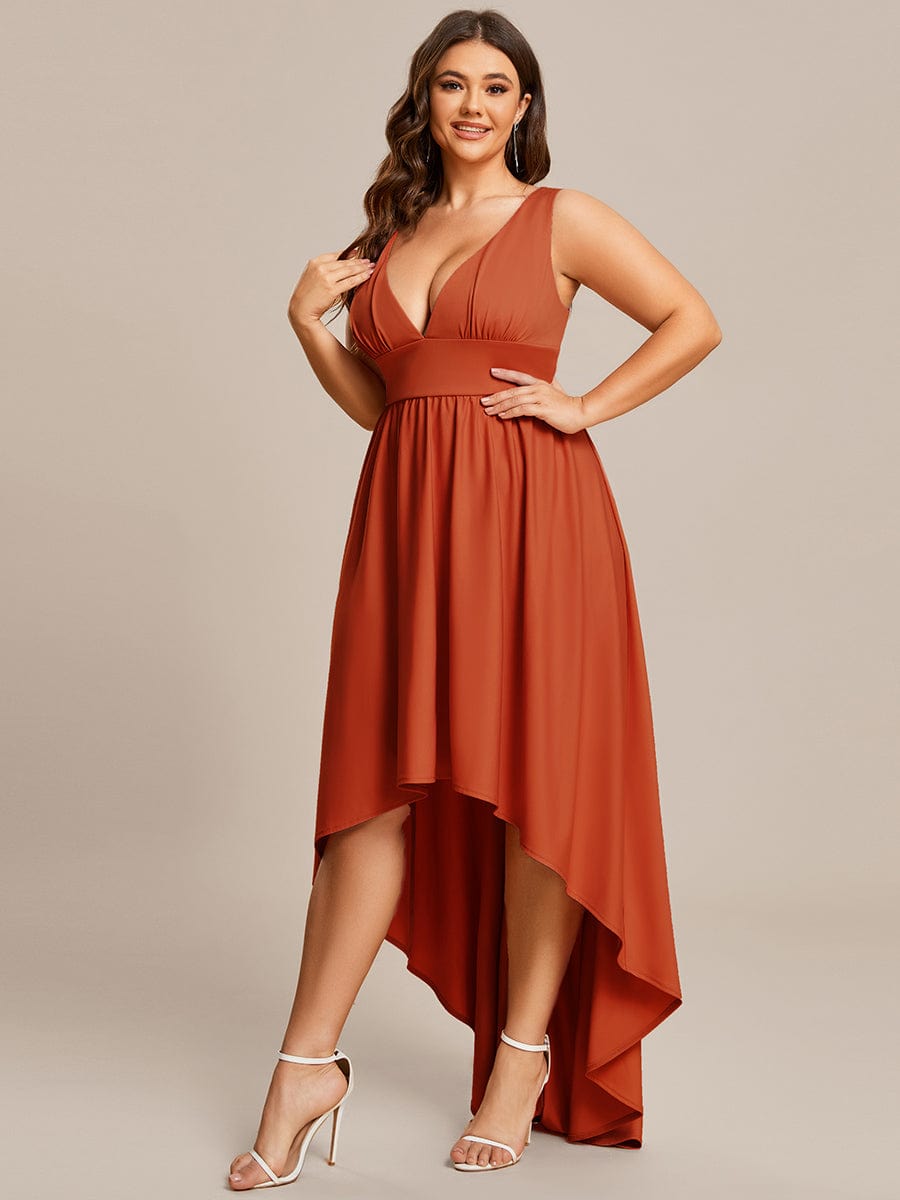 V-Neck Sleeveless High-Low Evening Dress with Stretchy #color_Burnt Orange