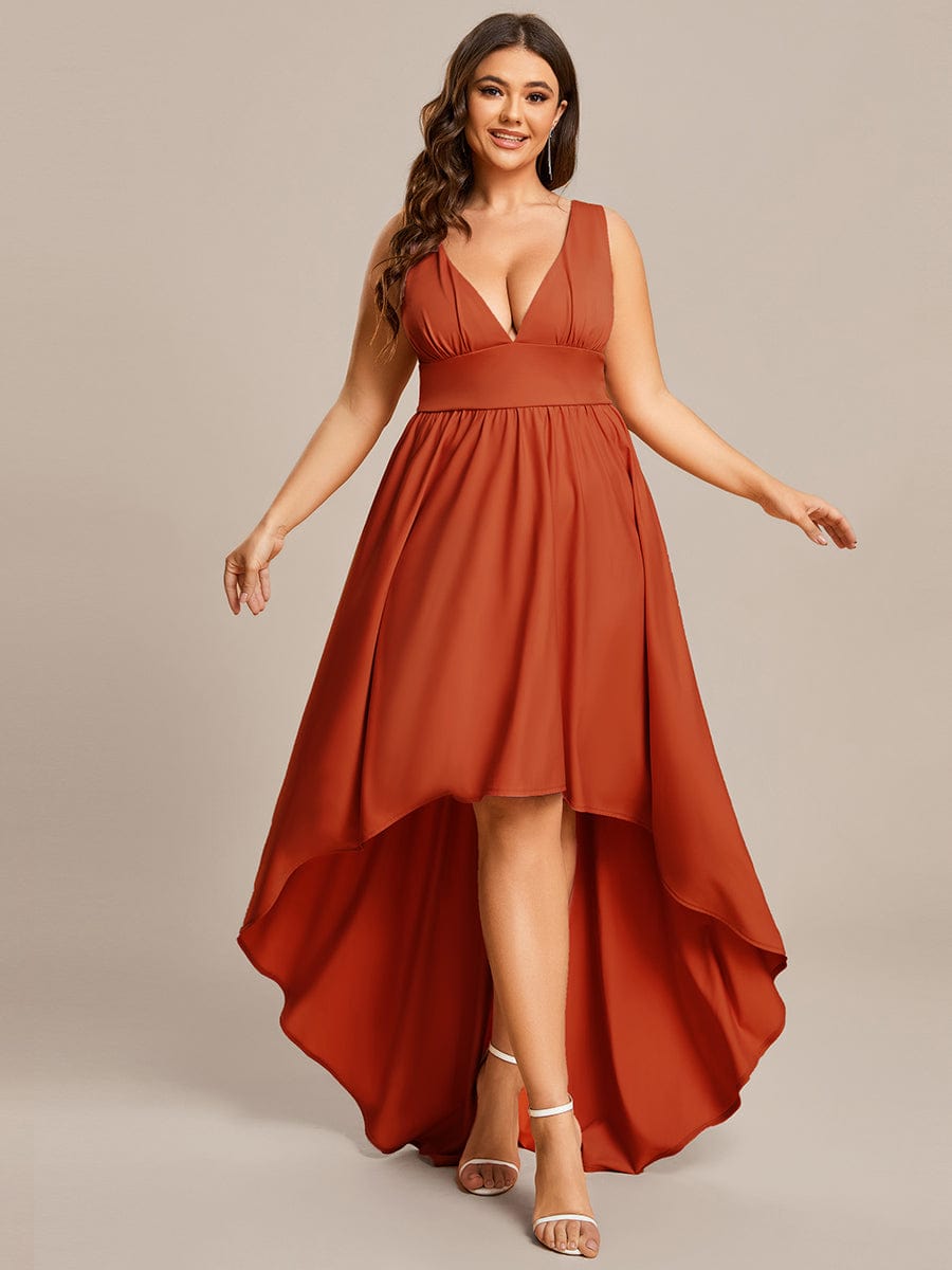 V-Neck Sleeveless High-Low Evening Dress with Stretchy #color_Burnt Orange