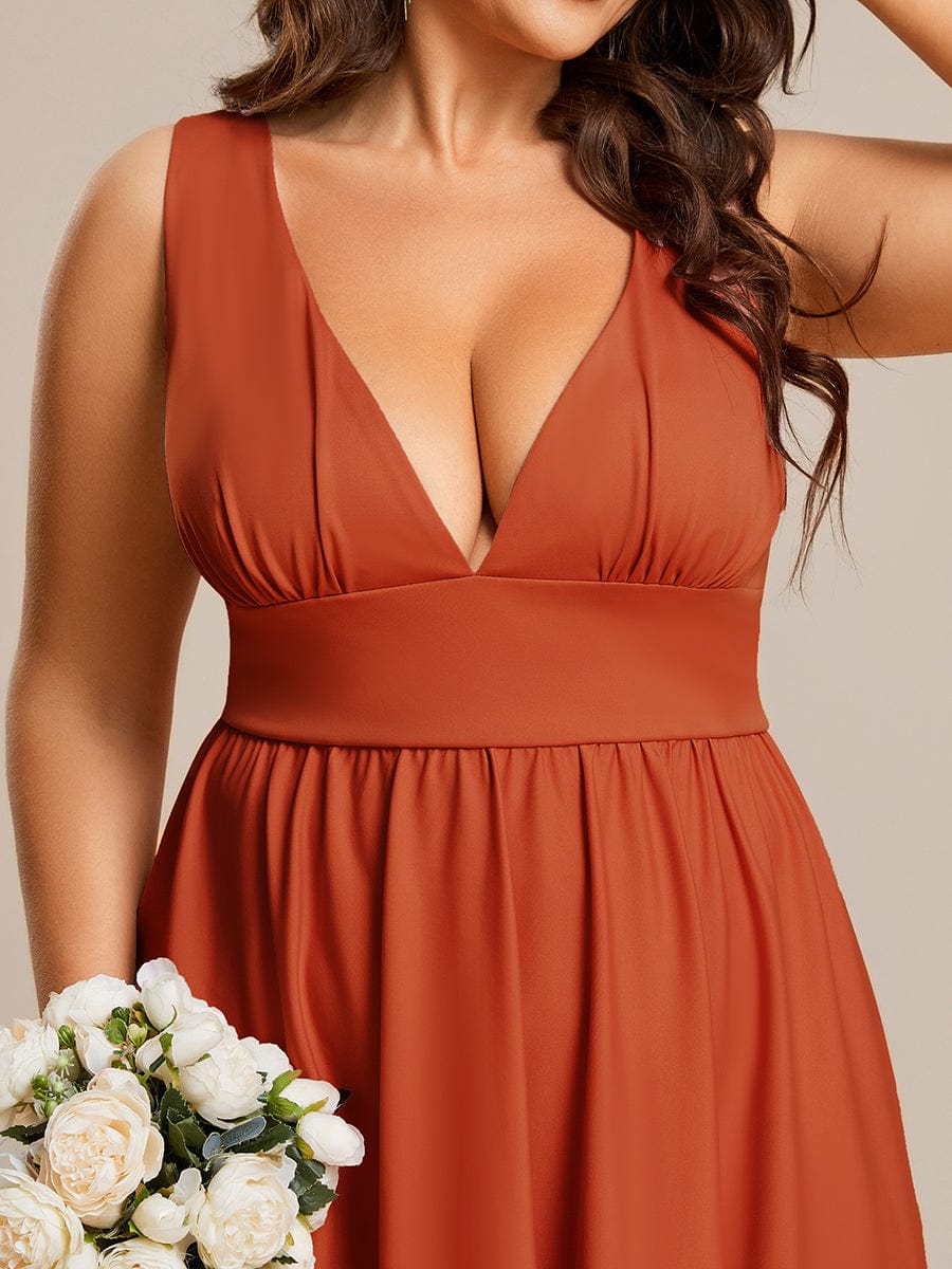 V-Neck Sleeveless High-Low Evening Dress with Stretchy #color_Burnt Orange