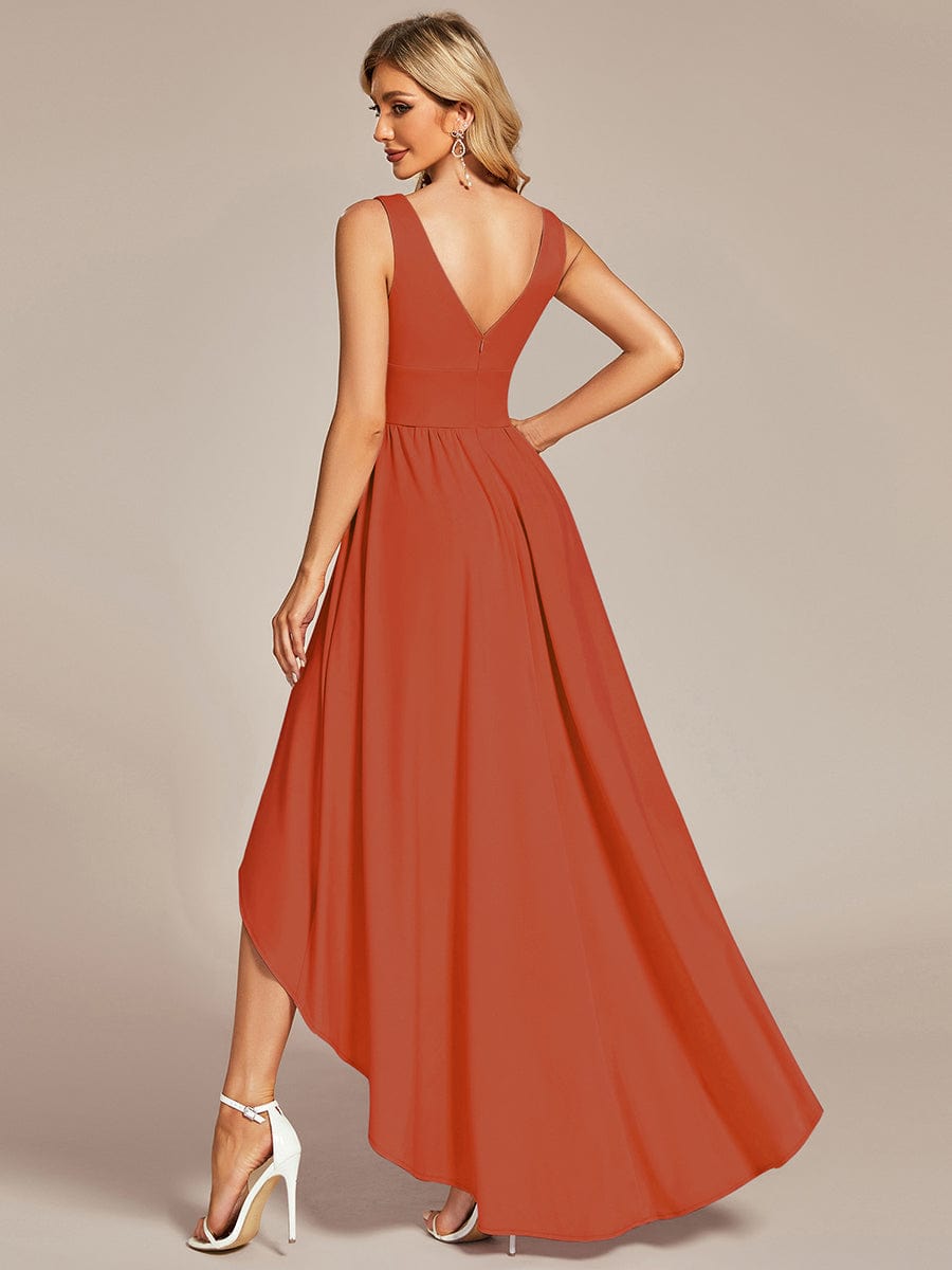 V-Neck Sleeveless High-Low Evening Dress with Stretchy #color_Burnt Orange