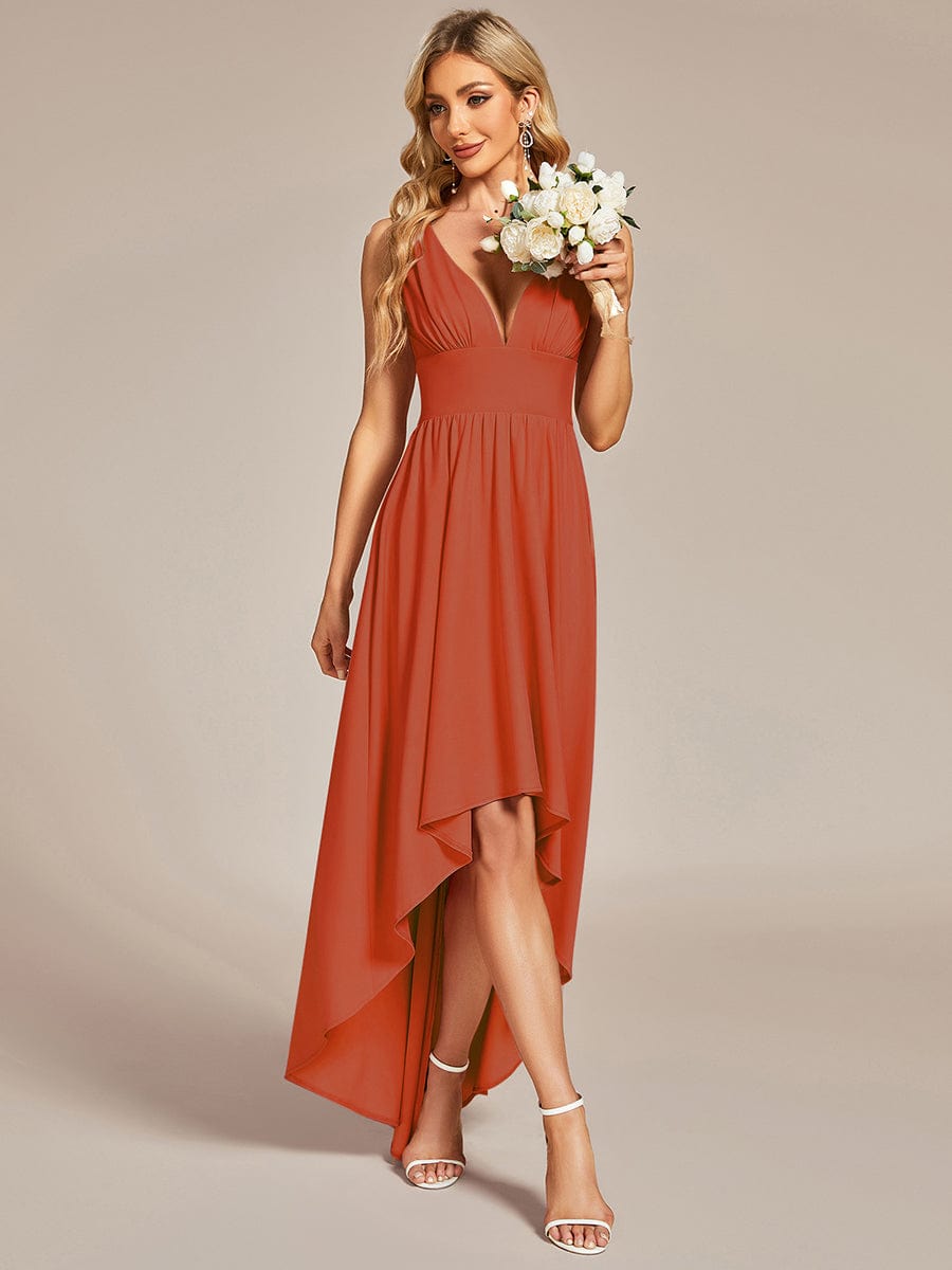 V-Neck Sleeveless High-Low Evening Dress with Stretchy #color_Burnt Orange