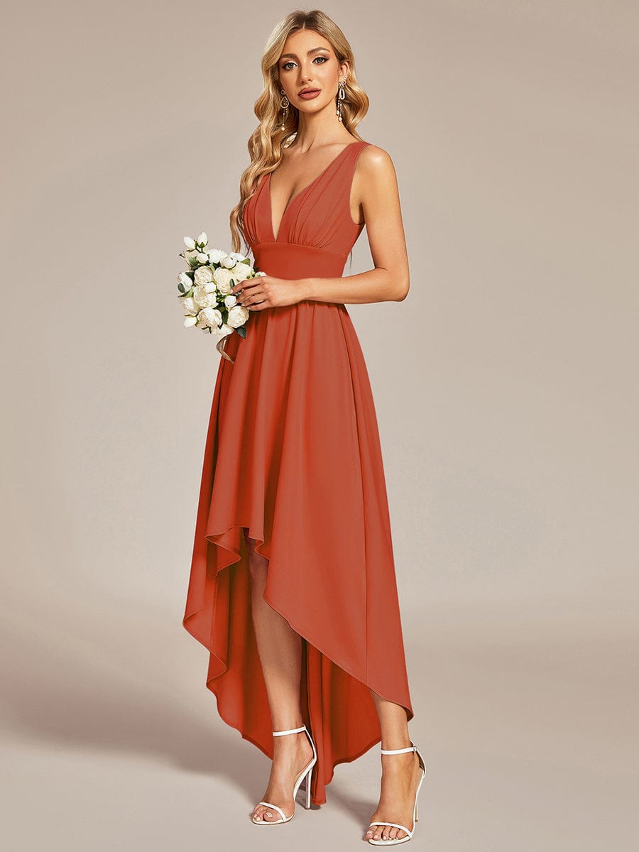 V-Neck Sleeveless High-Low Evening Dress with Stretchy #color_Burnt Orange