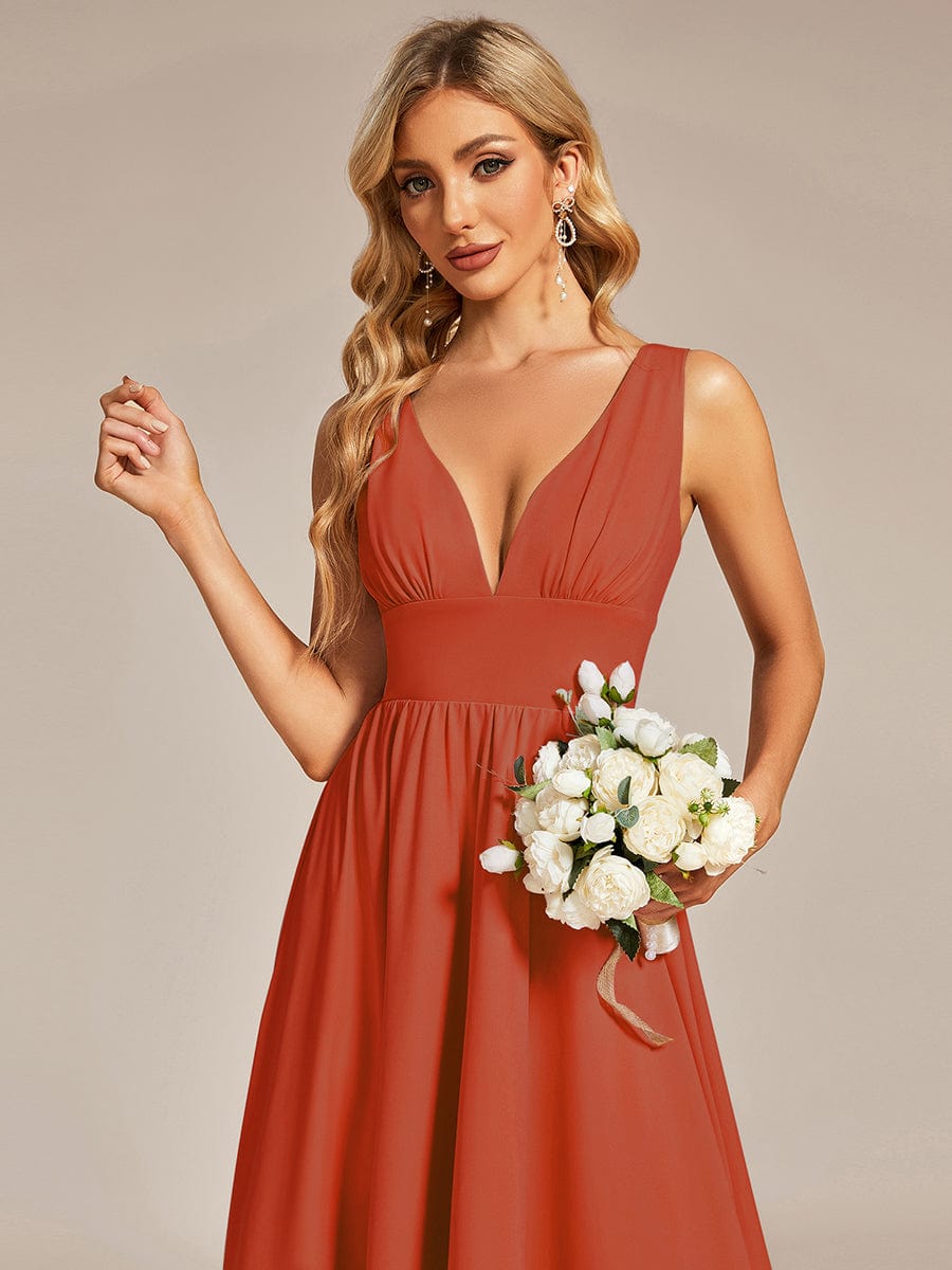 V-Neck Sleeveless High-Low Evening Dress with Stretchy #color_Burnt Orange