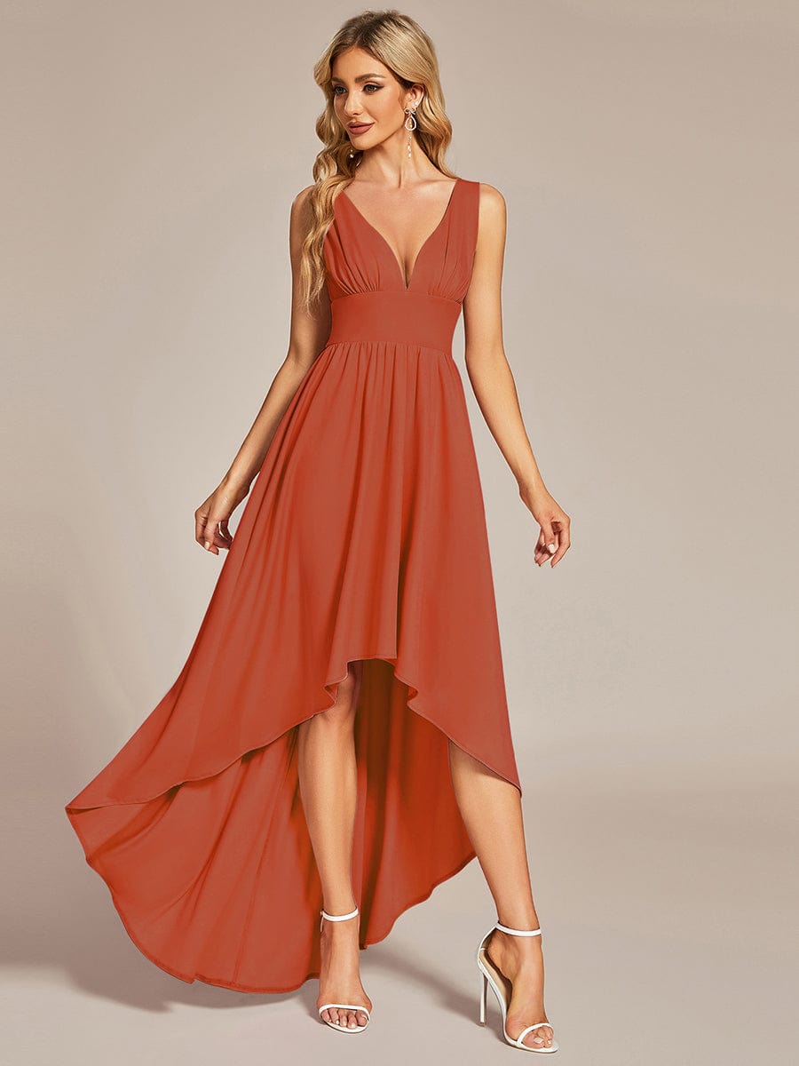 V-Neck Sleeveless High-Low Evening Dress with Stretchy #color_Burnt Orange