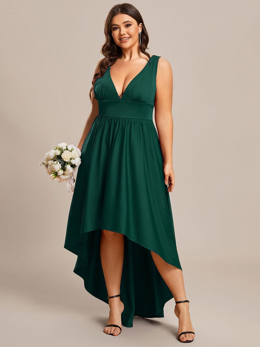 Plus Size Elegant High-Low Sleeveless Empire Waist Evening Dress #color_Dark Green