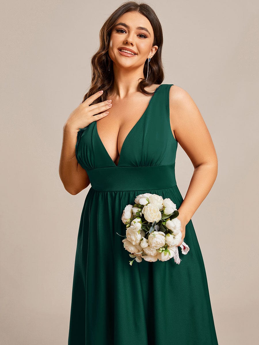 V-Neck Sleeveless High-Low Evening Dress with Stretchy #color_Dark Green