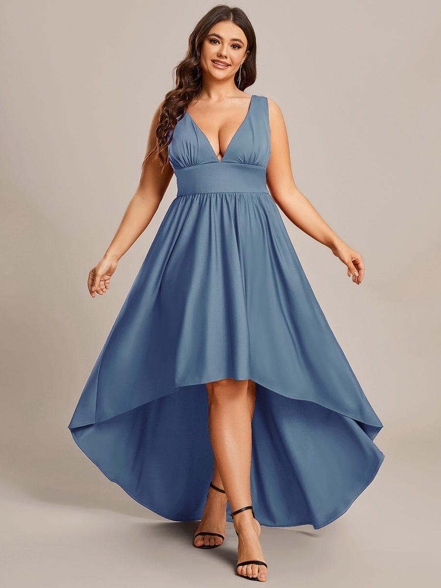 Plus Size Elegant High-Low Sleeveless Empire Waist Evening Dress #color_Dusty Navy
