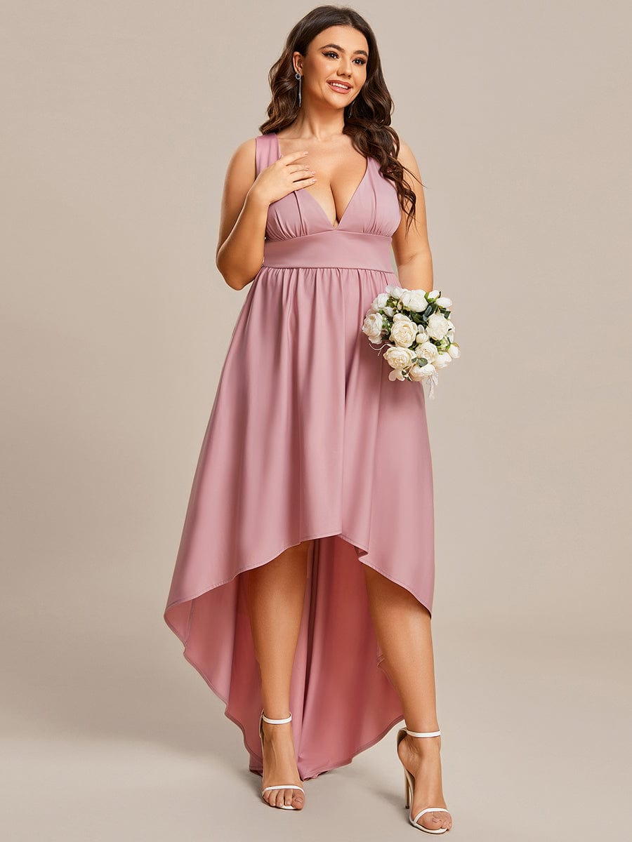 V-Neck Sleeveless High-Low Evening Dress with Stretchy #color_Dusty Rose