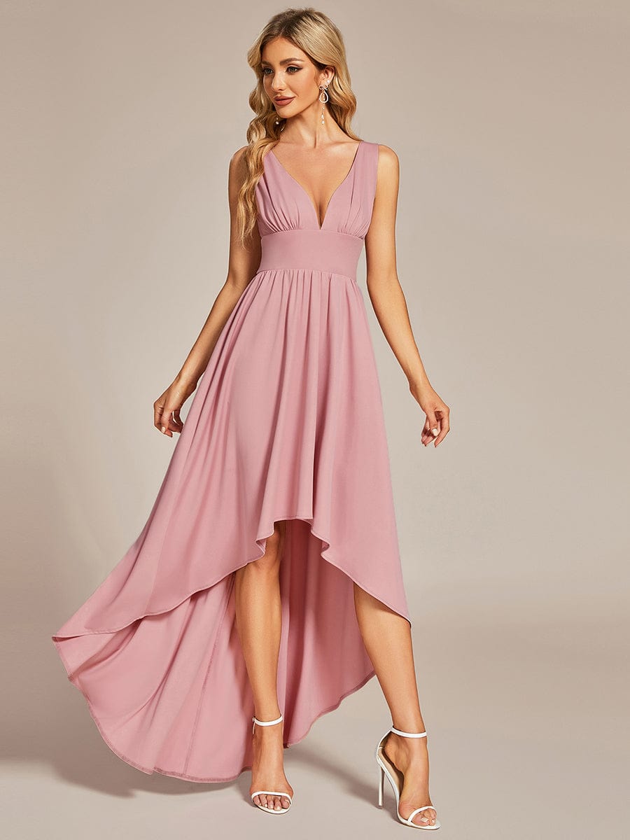 V-Neck Sleeveless High-Low Evening Dress with Stretchy #color_Dusty Rose