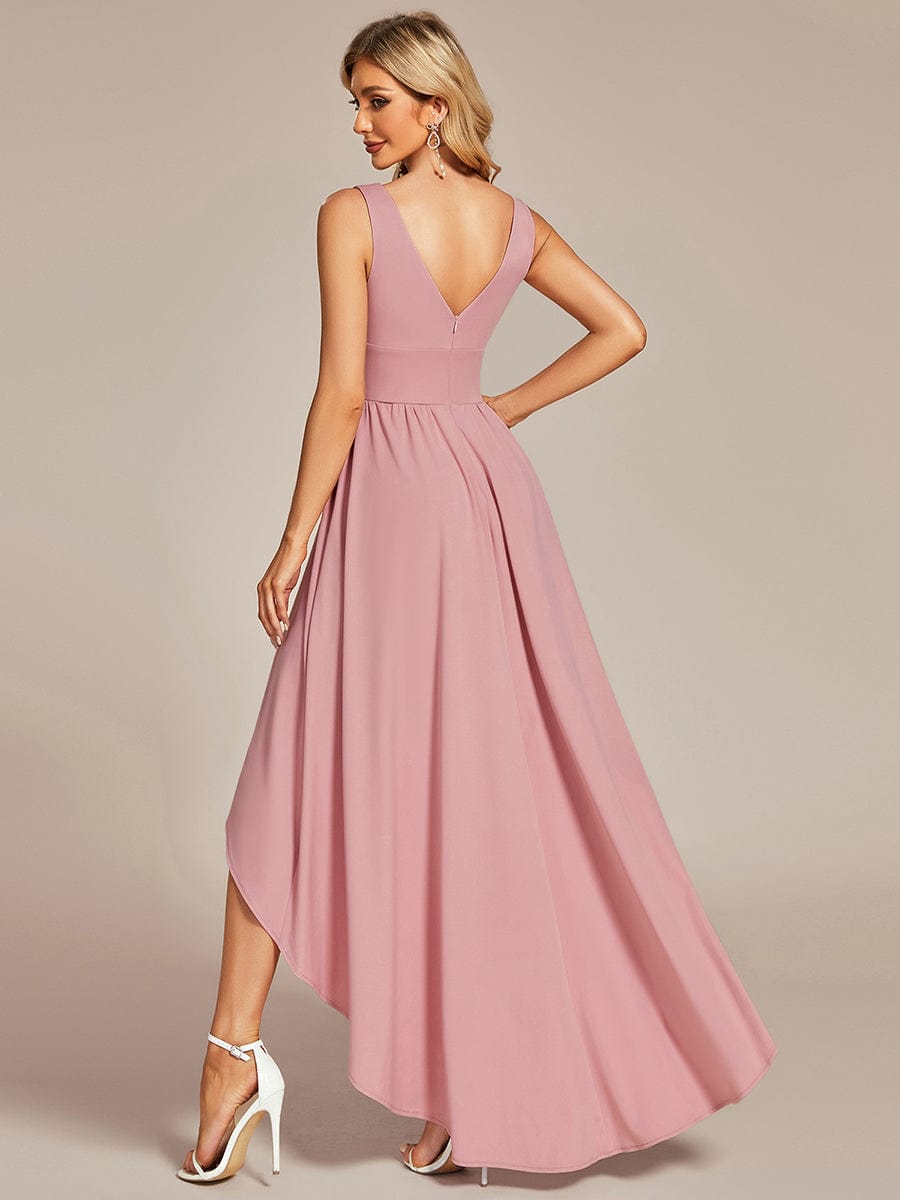 V-Neck Sleeveless High-Low Evening Dress with Stretchy #color_Dusty Rose