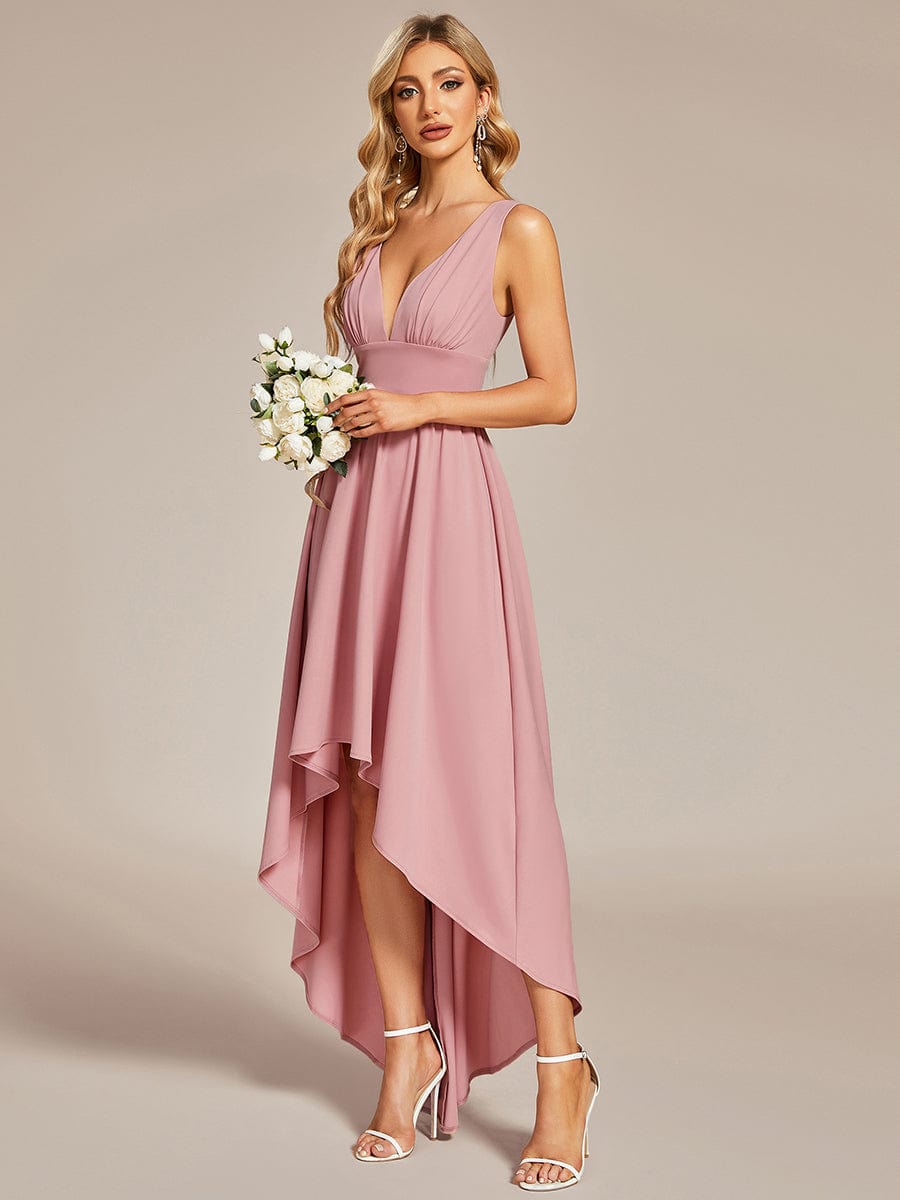 V-Neck Sleeveless High-Low Evening Dress with Stretchy #color_Dusty Rose