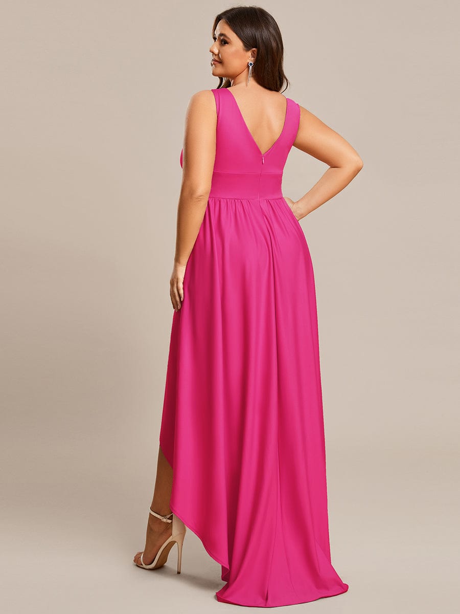 V-Neck Sleeveless High-Low Evening Dress with Stretchy #color_Hot Pink