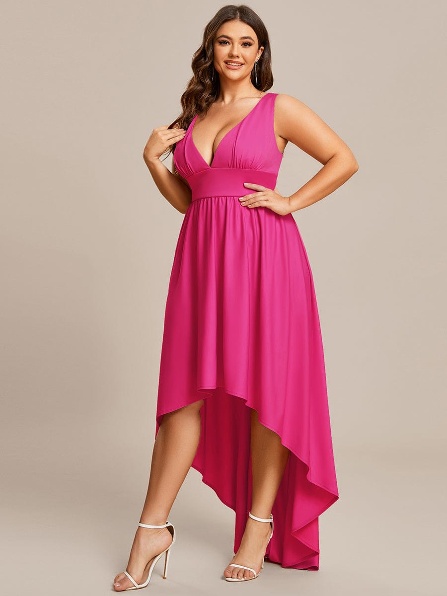 V-Neck Sleeveless High-Low Evening Dress with Stretchy #color_Hot Pink