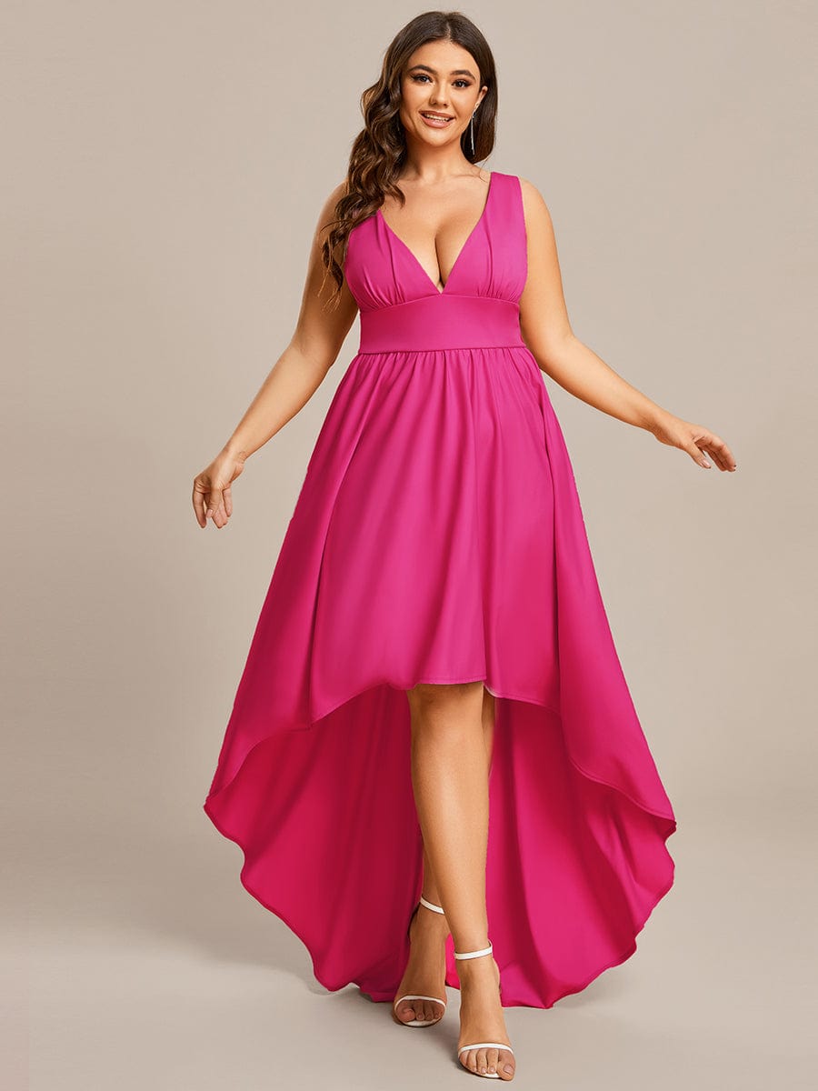 Plus Size Elegant High-Low Sleeveless Empire Waist Evening Dress #color_Hot Pink