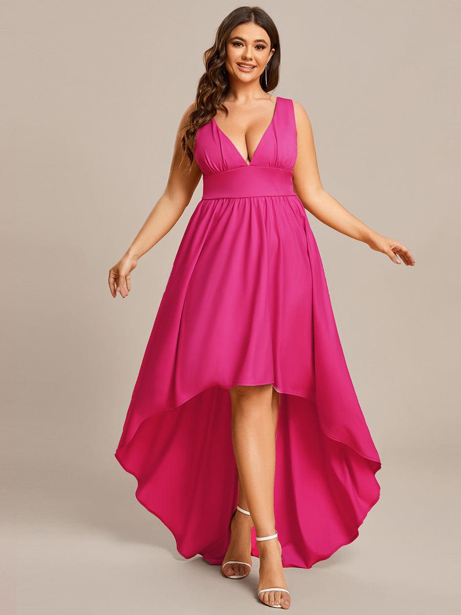 V-Neck Sleeveless High-Low Evening Dress with Stretchy #color_Hot Pink