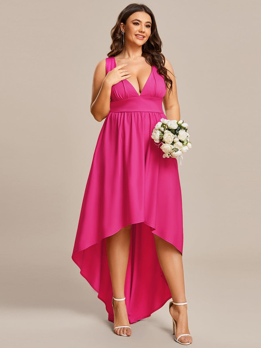 V-Neck Sleeveless High-Low Evening Dress with Stretchy #color_Hot Pink