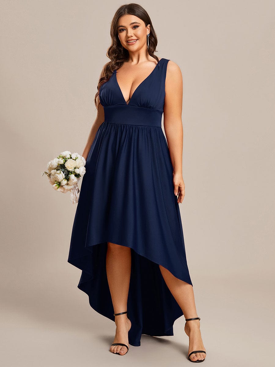 Plus Size Elegant High-Low Sleeveless Empire Waist Evening Dress #color_Navy Blue