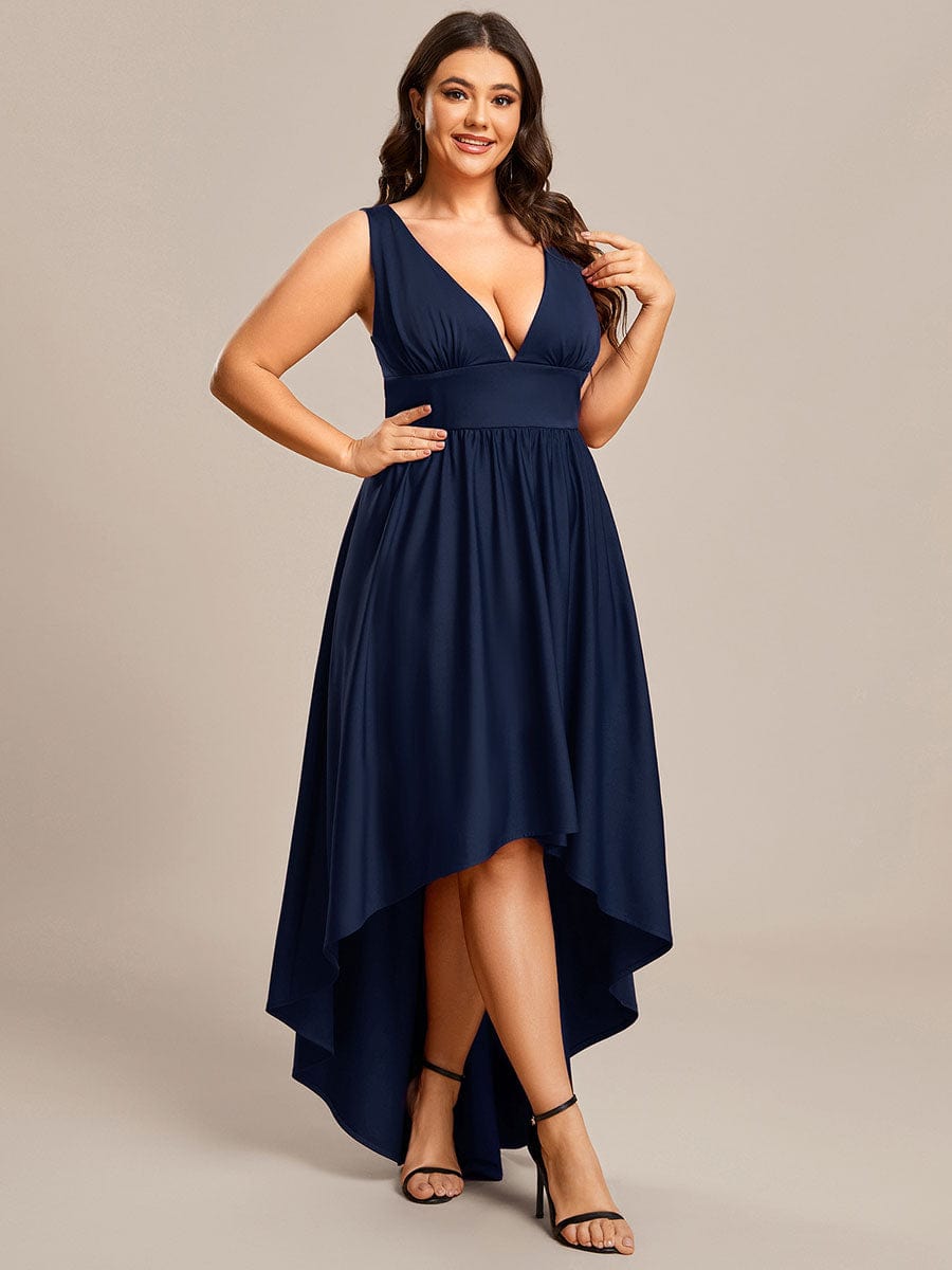 Plus Size Elegant High-Low Sleeveless Empire Waist Evening Dress #color_Navy Blue