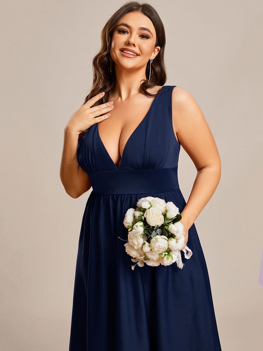 V-Neck Sleeveless High-Low Evening Dress with Stretchy #color_Navy Blue