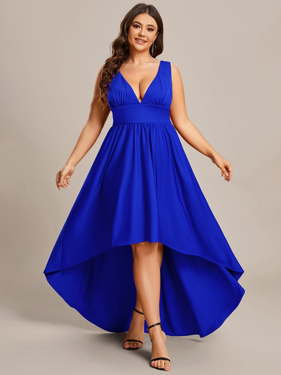 Plus Size Elegant High-Low Sleeveless Empire Waist Evening Dress #color_Sapphire Blue