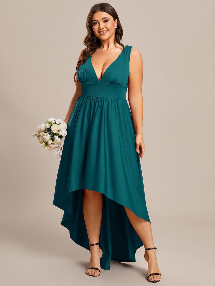 Plus Size Elegant High-Low Sleeveless Empire Waist Evening Dress #color_Teal