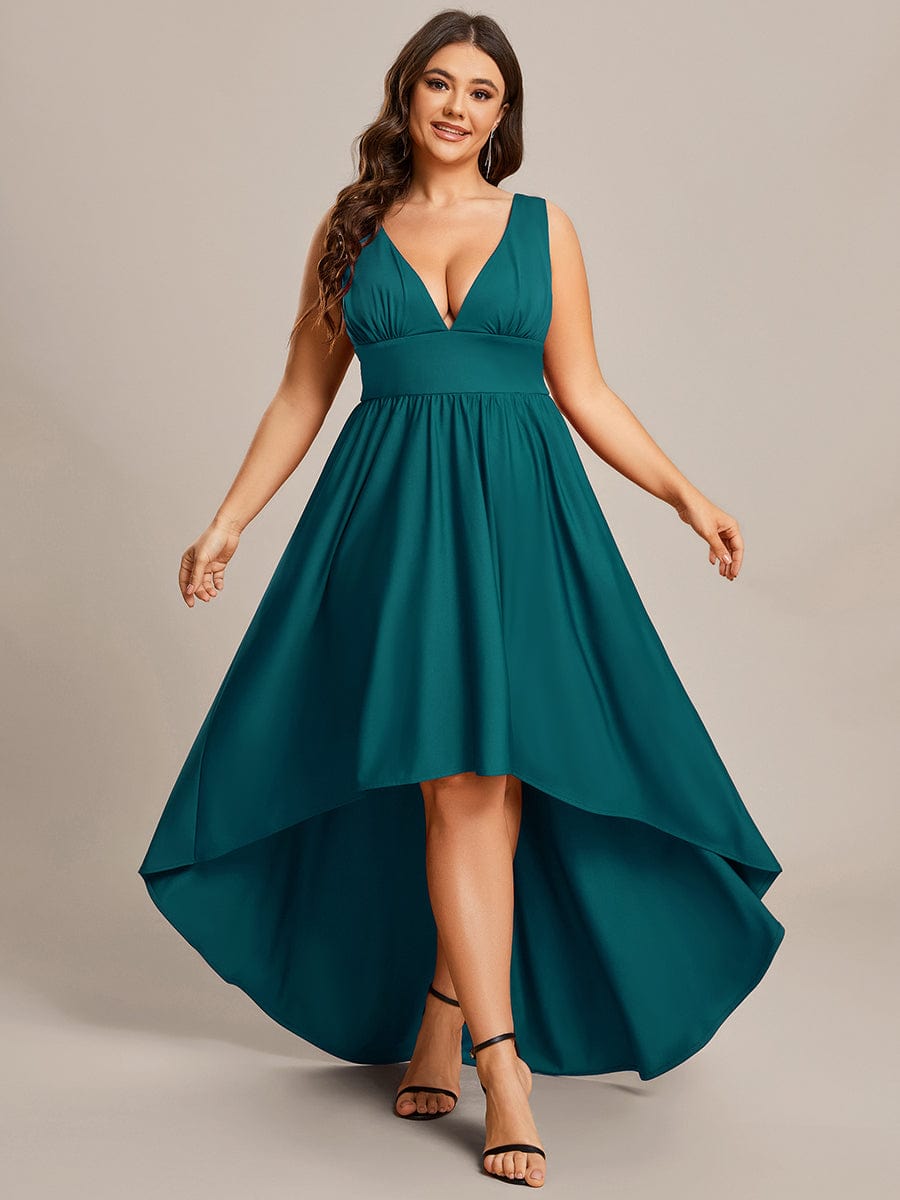 Plus Size Elegant High-Low Sleeveless Empire Waist Evening Dress #color_Teal