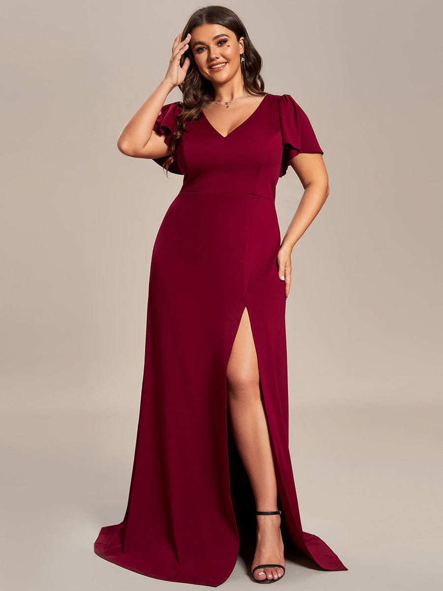 Plus Size Elegant V-Neck High Slit Bridesmaid Dress with Short Ruffle Sleeves #color_Burgundy