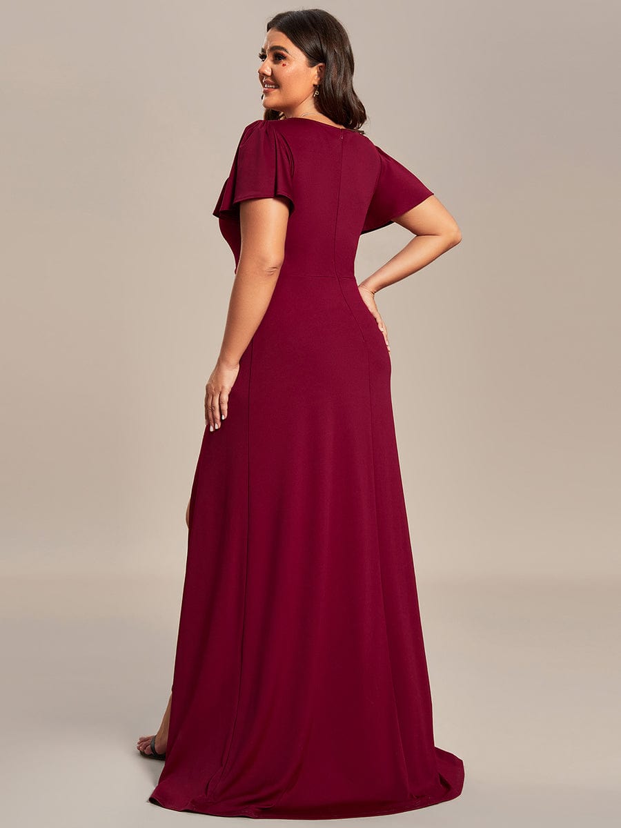 Plus Size Elegant V-Neck High Slit Bridesmaid Dress with Short Ruffle Sleeves #color_Burgundy