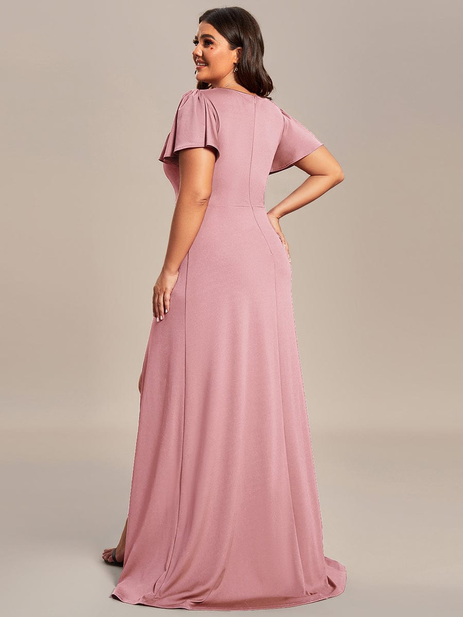 Plus Size Elegant V-Neck High Slit Bridesmaid Dress with Short Ruffle Sleeves #color_Dusty Rose