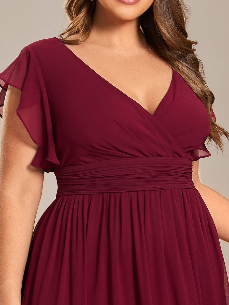 Elegant V-Neck Open Back Chiffon Bridesmaid Dress with Ruffled Sleeves #color_Burgundy