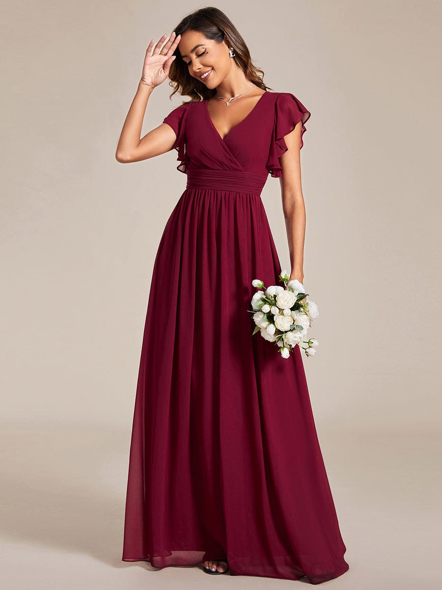 Elegant V-Neck Open Back Chiffon Bridesmaid Dress with Ruffled Sleeves #color_Burgundy